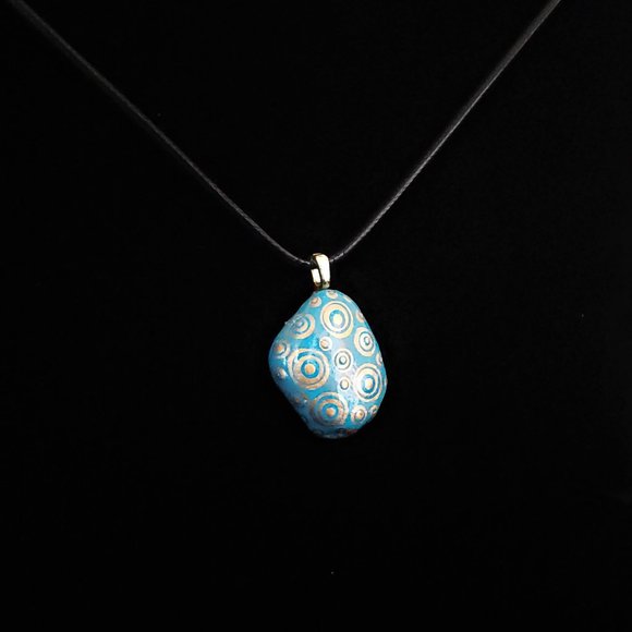 Hand Painted Dot Art Pendant, Turquoise and Gold - Picture 2 of 12